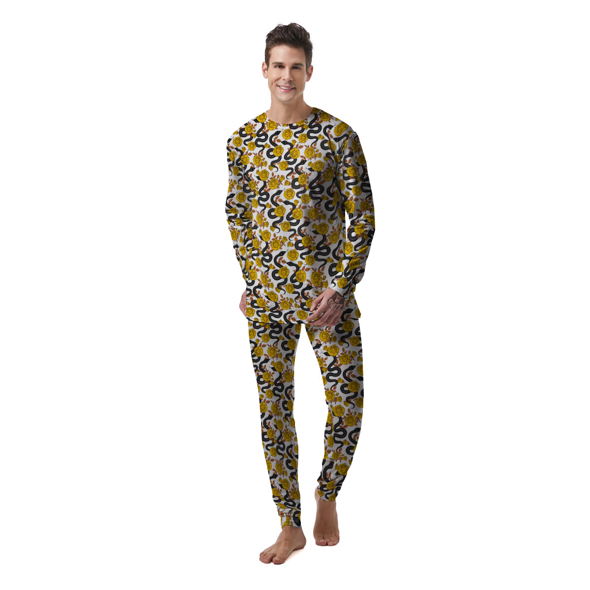 Black Snake And Gold Rose Print Pattern Men's Pajamas-grizzshop