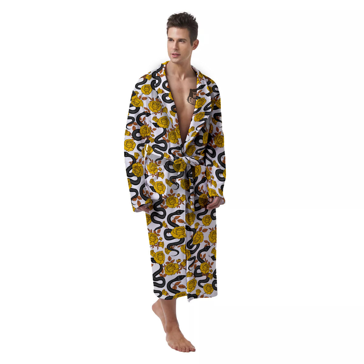 Black Snake And Gold Rose Print Pattern Men's Robe-grizzshop