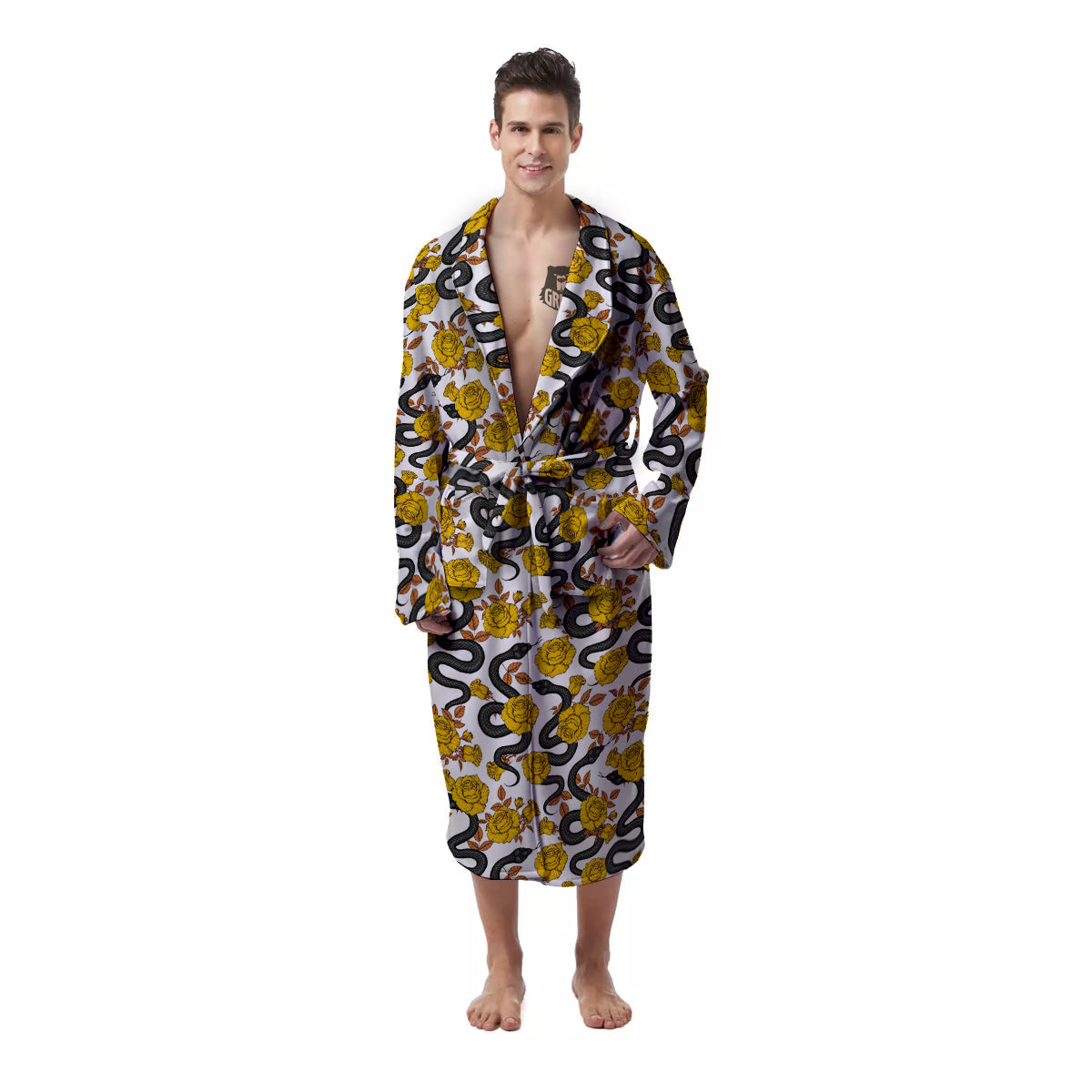 Black Snake And Gold Rose Print Pattern Men's Robe-grizzshop