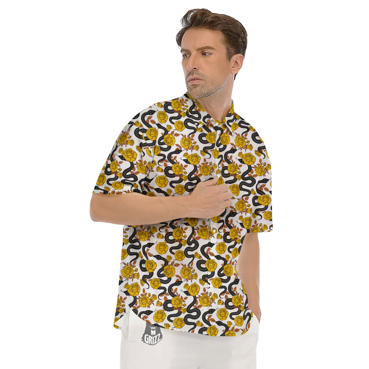 Black Snake And Gold Rose Print Pattern Men's Short Sleeve Shirts-grizzshop