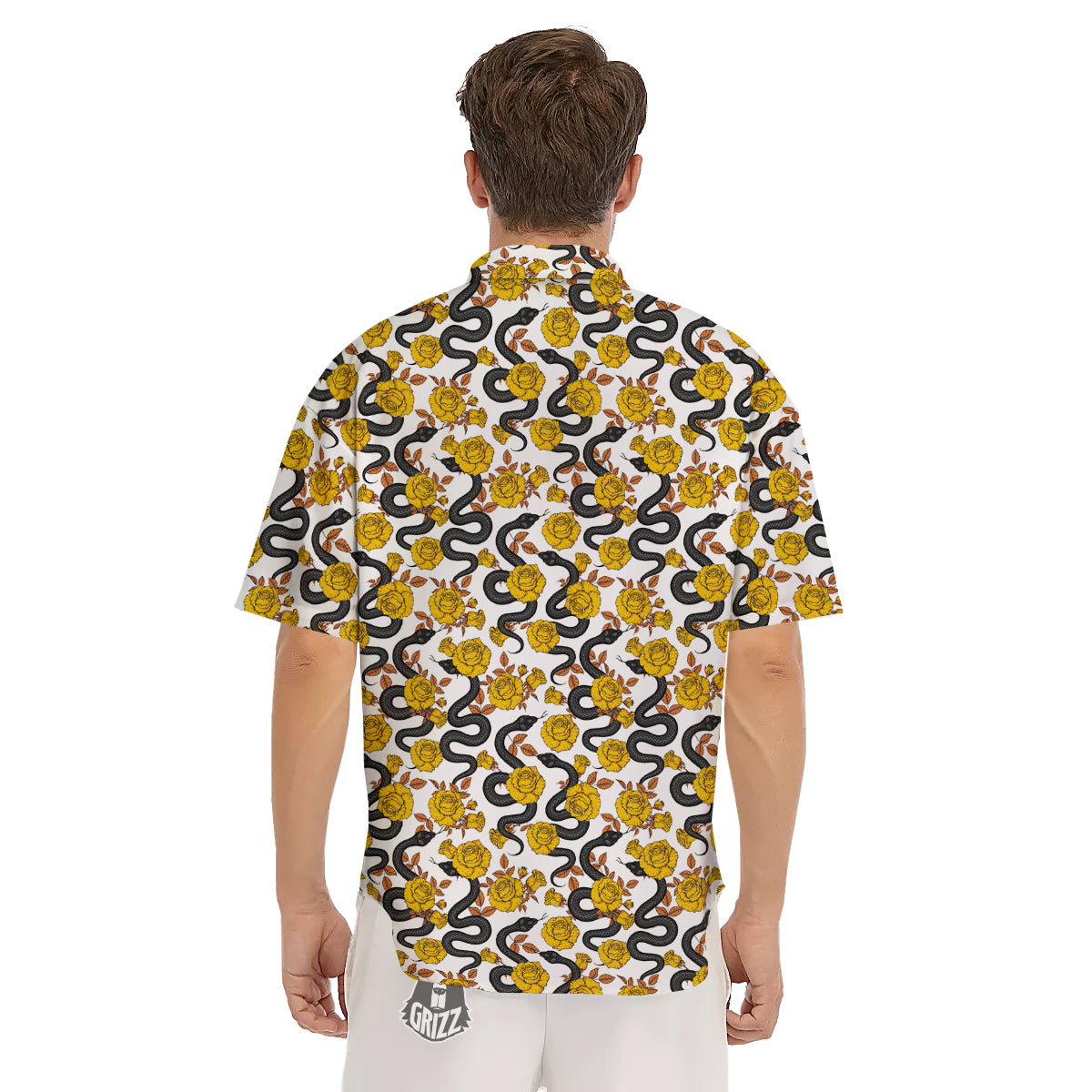 Black Snake And Gold Rose Print Pattern Men's Short Sleeve Shirts-grizzshop