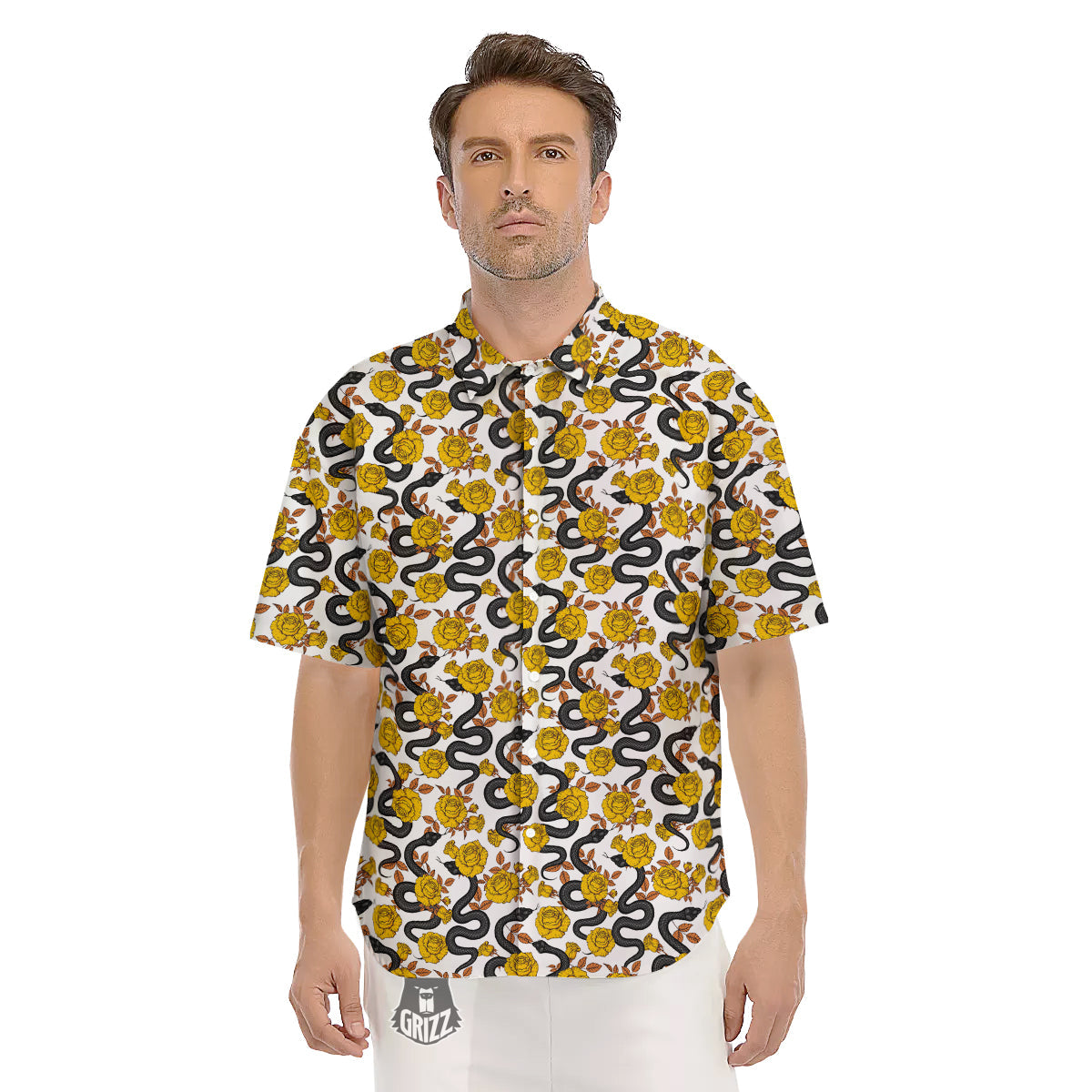 Black Snake And Gold Rose Print Pattern Men's Short Sleeve Shirts-grizzshop