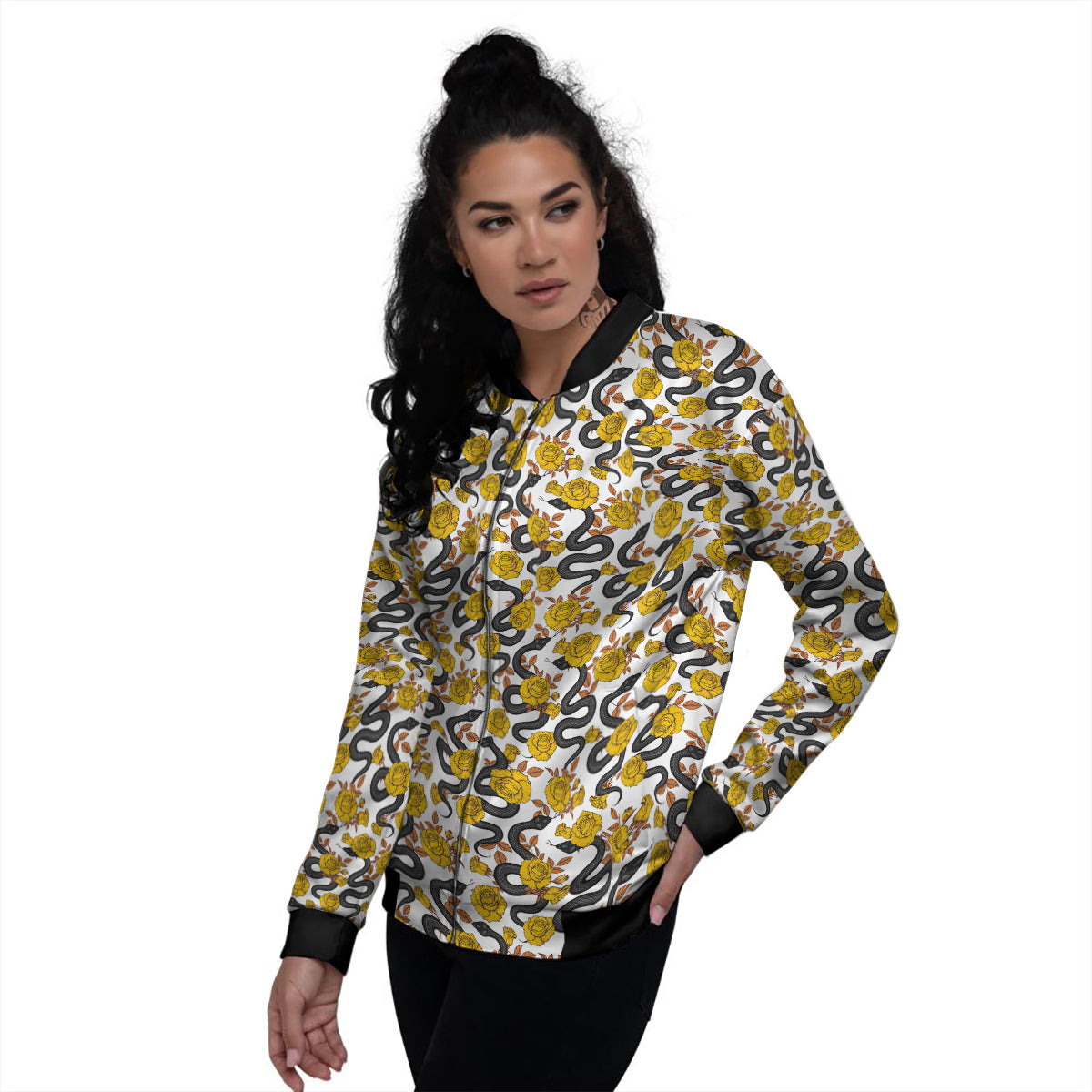Black Snake And Gold Rose Print Pattern Women's Bomber Jacket-grizzshop