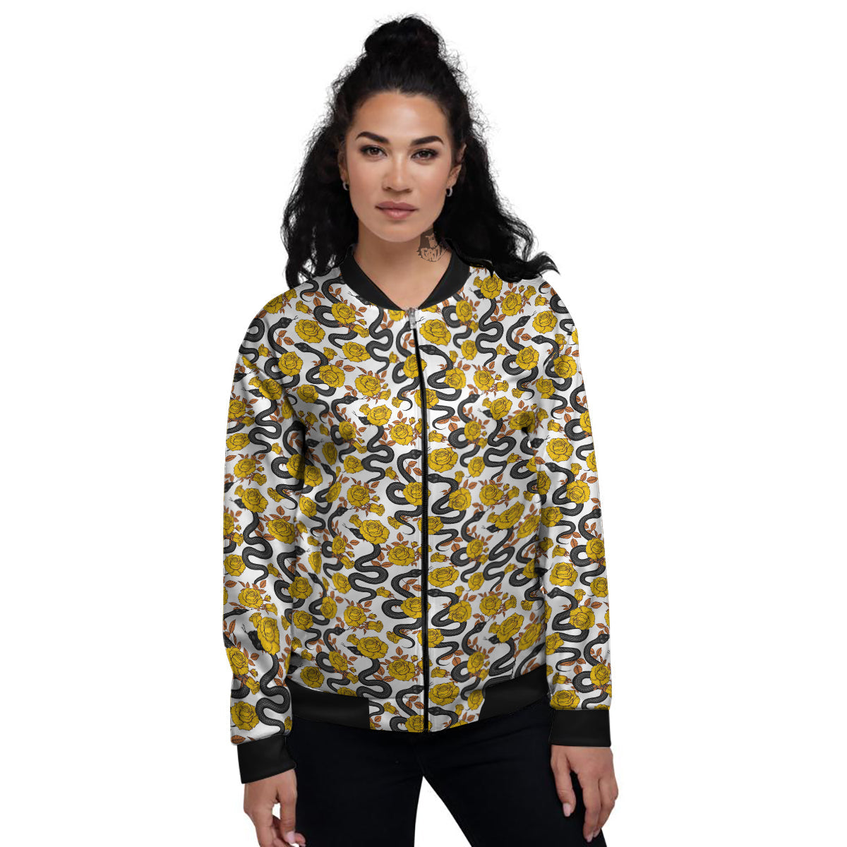 Black Snake And Gold Rose Print Pattern Women's Bomber Jacket-grizzshop
