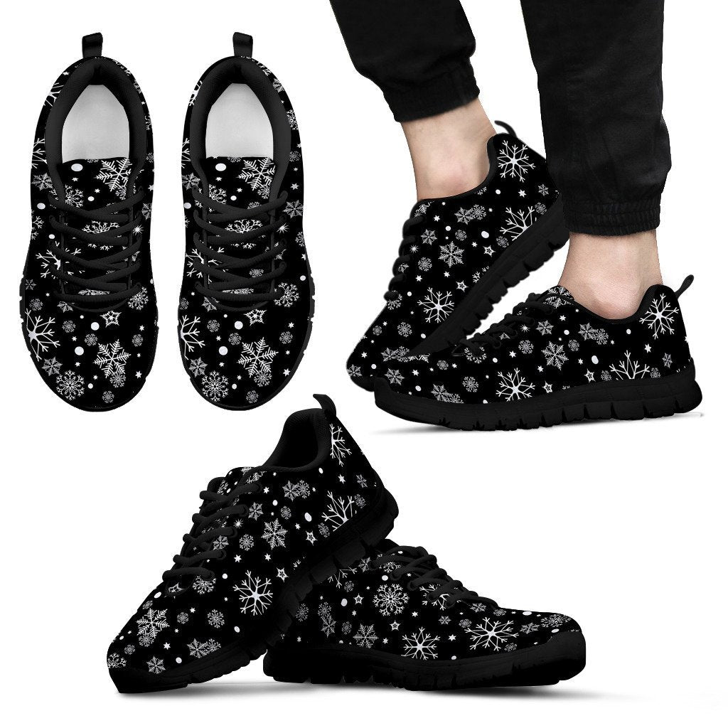 Black Snowflake Pattern Print Black Sneaker Shoes For Men Women-grizzshop