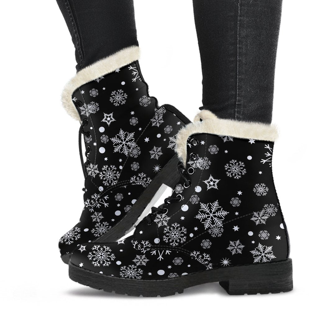 Black Snowflake Pattern Print Comfy Winter Boots-grizzshop