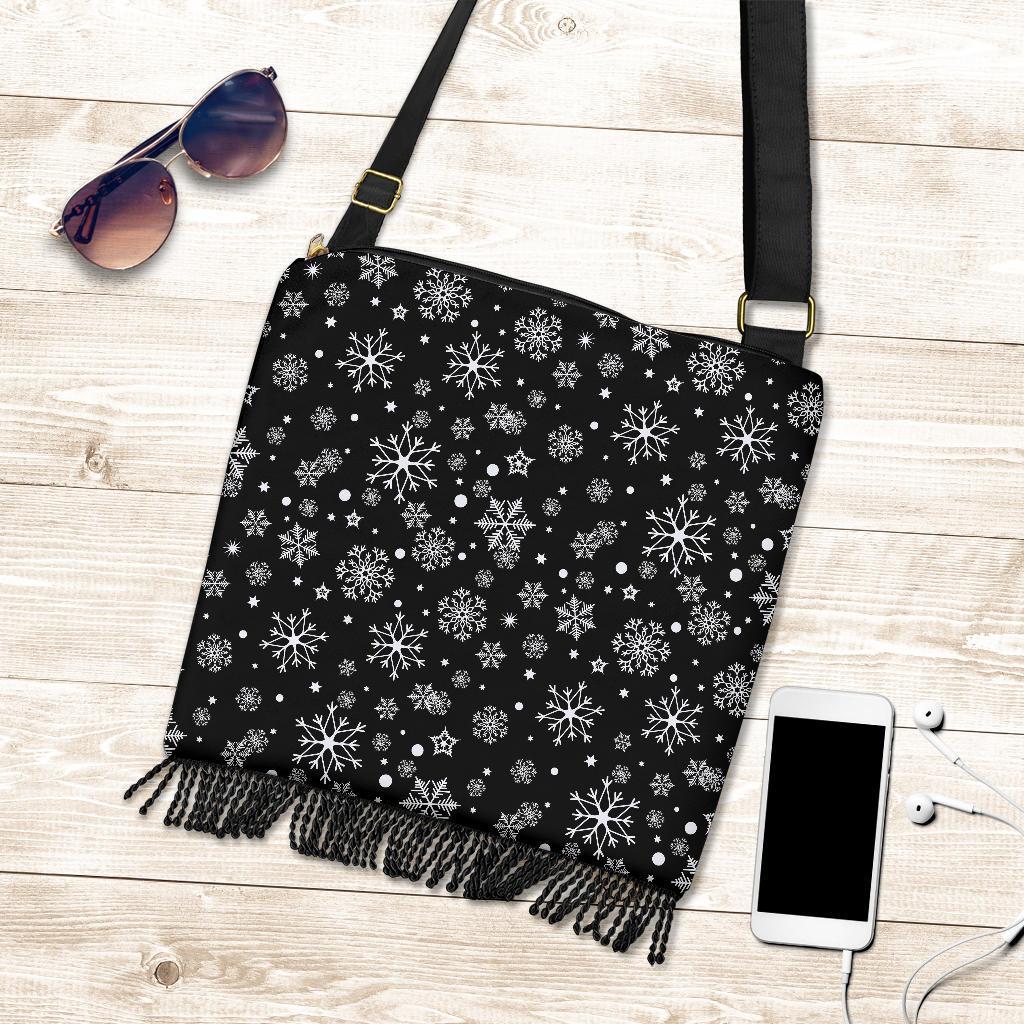 Black Snowflake Pattern Print Crossbody Bags-grizzshop