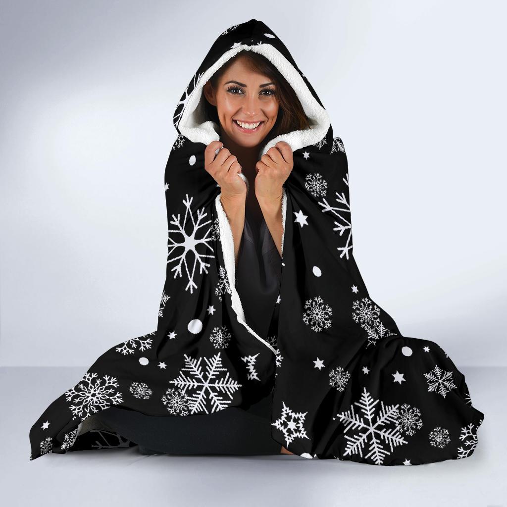 Black Snowflake Pattern Print Hooded Blanket-grizzshop