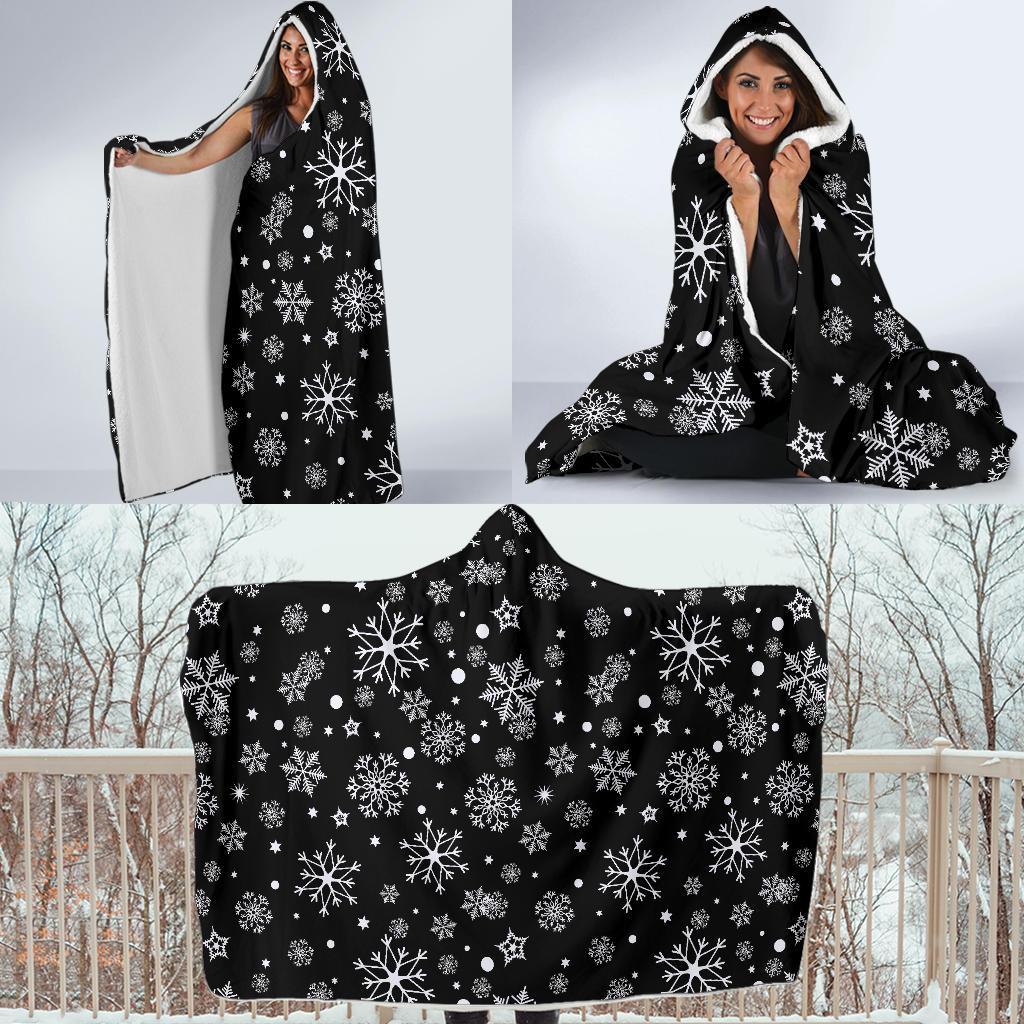Black Snowflake Pattern Print Hooded Blanket-grizzshop