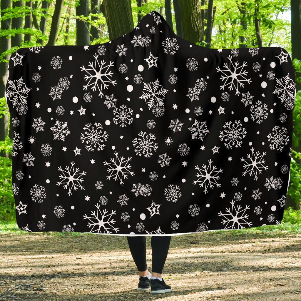 Black Snowflake Pattern Print Hooded Blanket-grizzshop