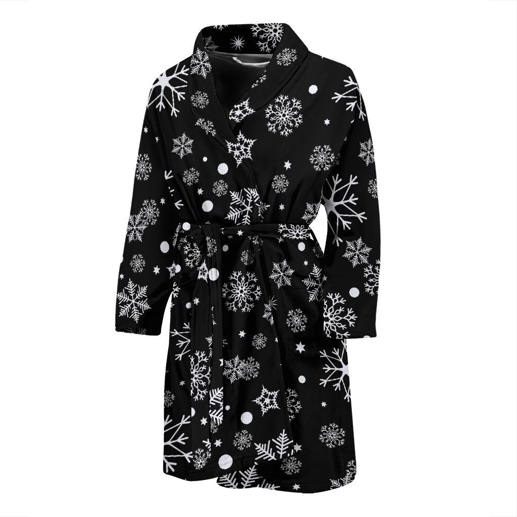 Black Snowflake Pattern Print Men Long Robe-grizzshop