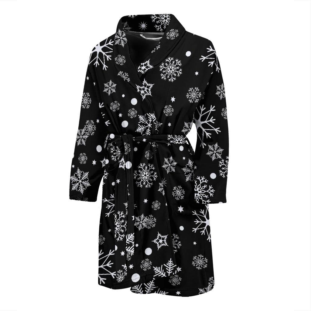 Black Snowflake Pattern Print Men Long Robe-grizzshop