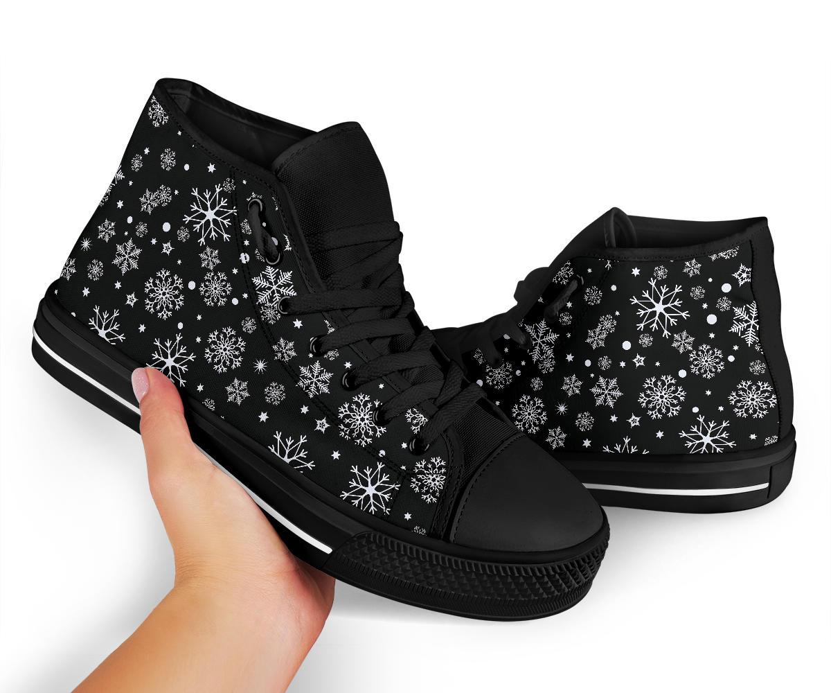 Black Snowflake Pattern Print Men Women's High Top Shoes-grizzshop