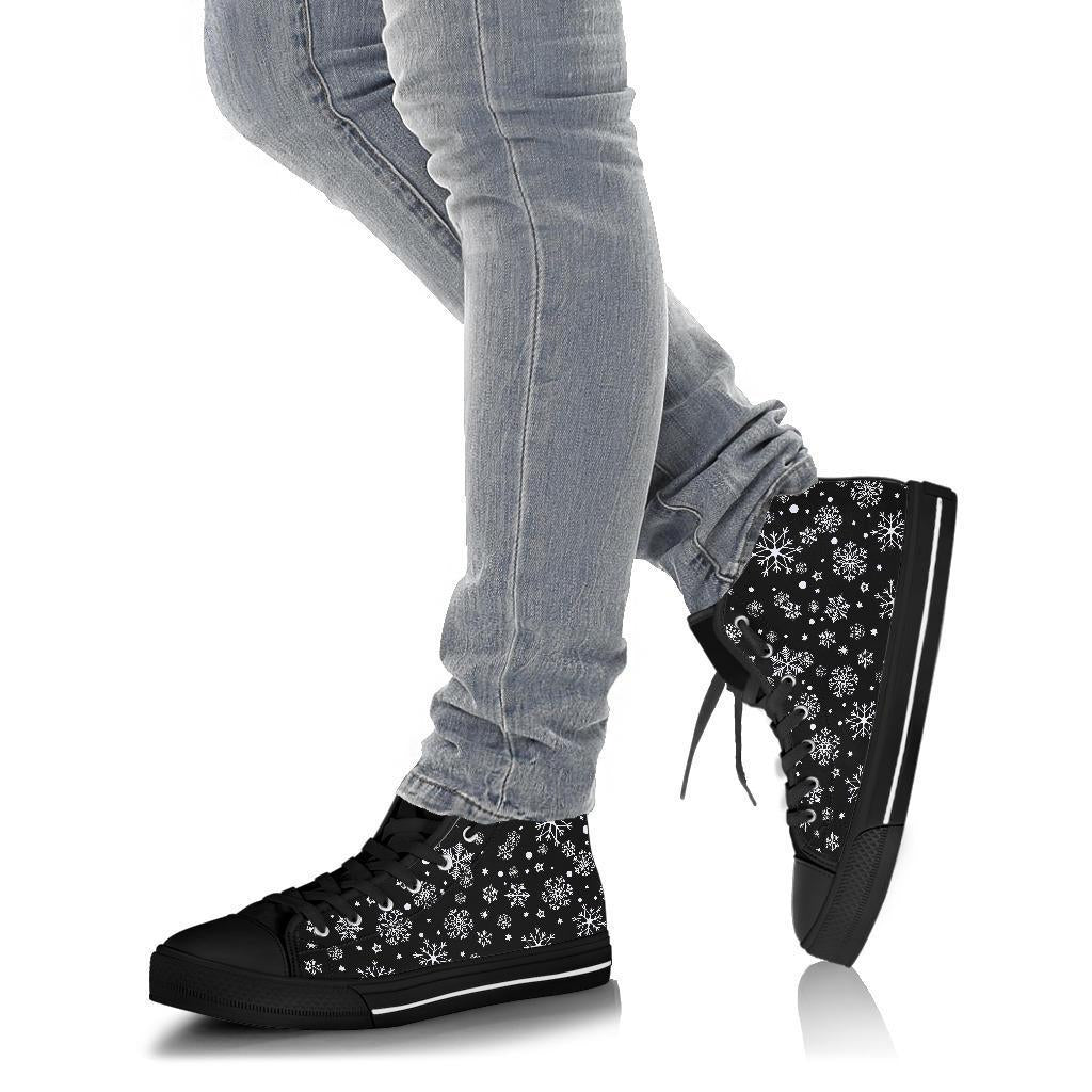 Black Snowflake Pattern Print Men Women's High Top Shoes-grizzshop