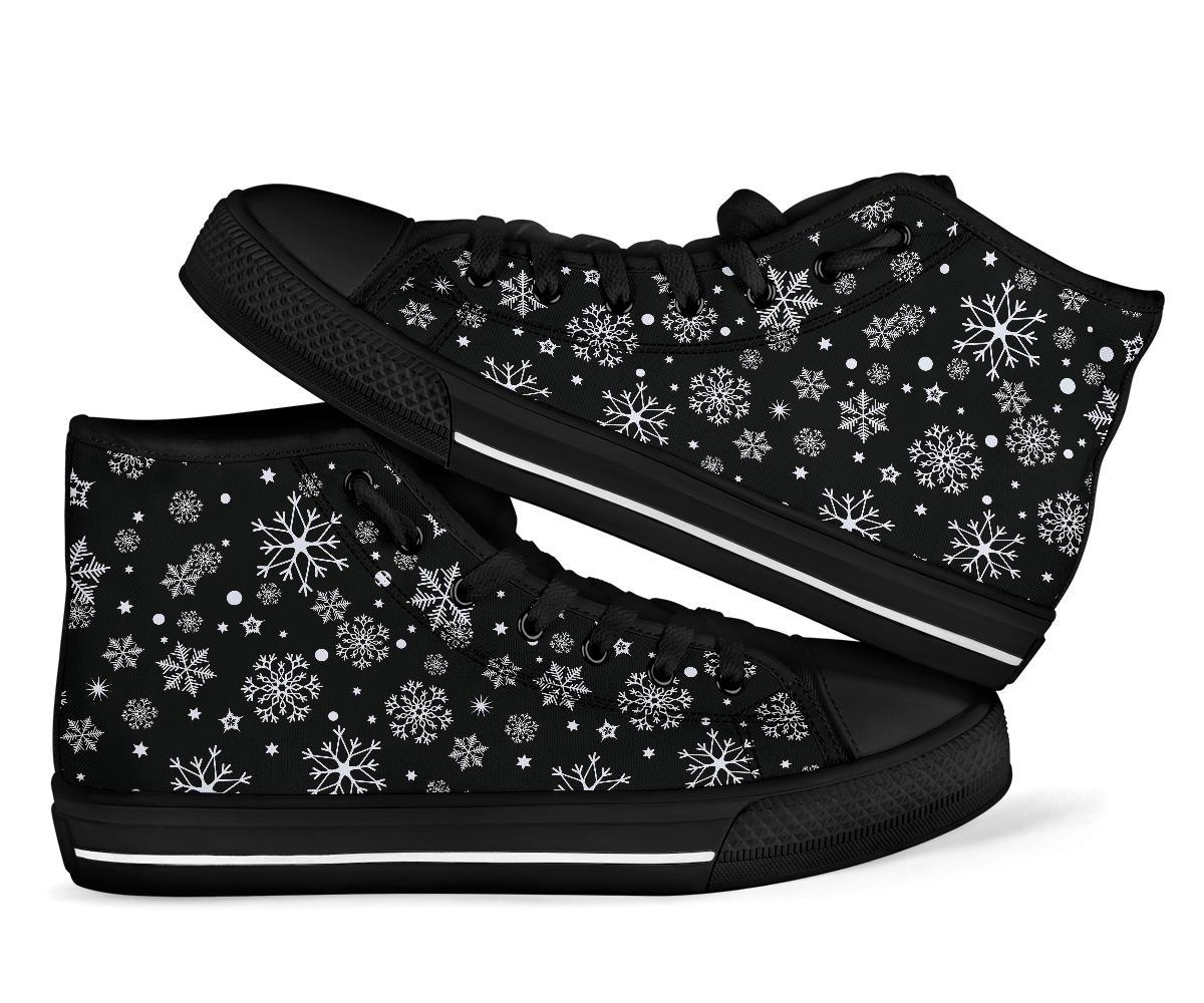 Black Snowflake Pattern Print Men Women's High Top Shoes-grizzshop