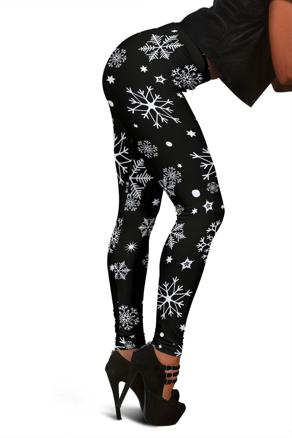 Black Snowflake Print Pattern Women Leggings-grizzshop