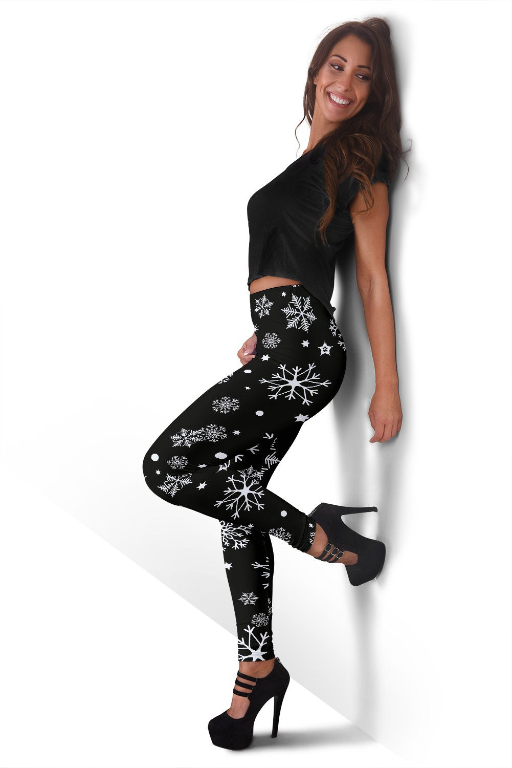 Black Snowflake Print Pattern Women Leggings-grizzshop