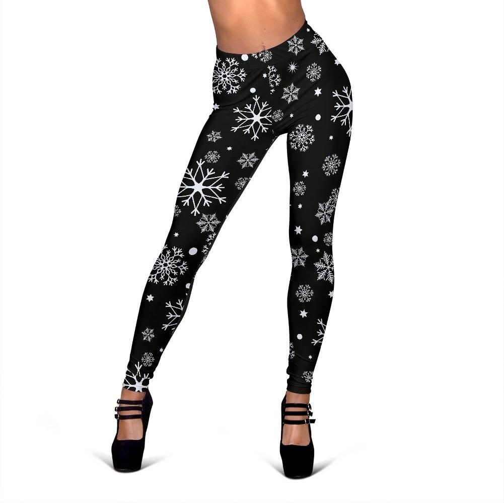 Black Snowflake Print Pattern Women Leggings-grizzshop