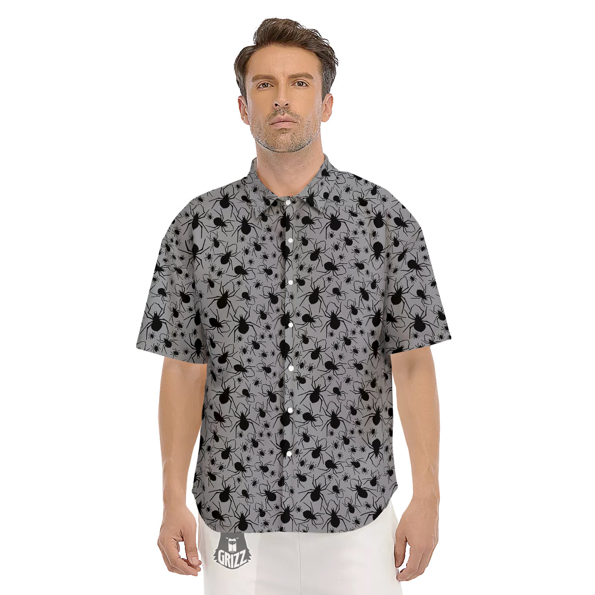 Black Spider And Grey Print Pattern Men's Short Sleeve Shirts-grizzshop