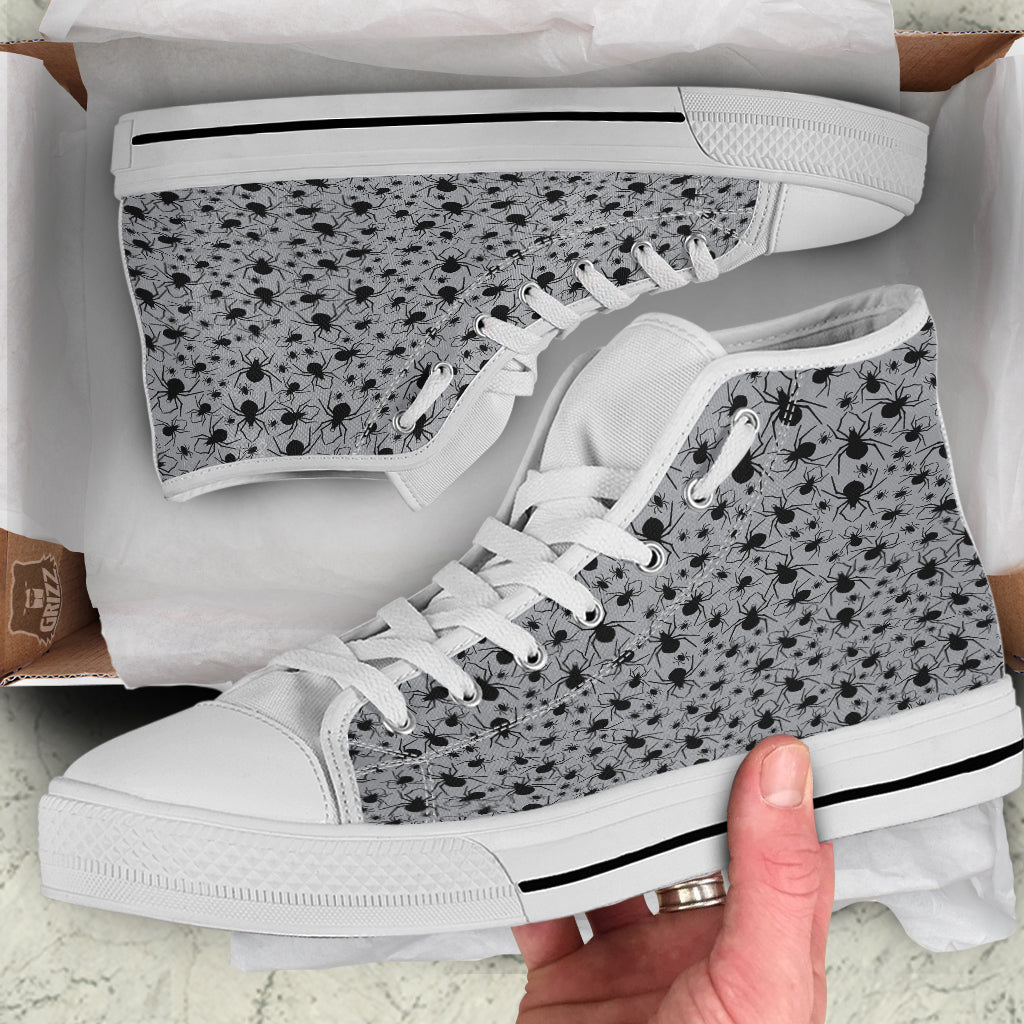 Black Spider And Grey Print Pattern White High Top Shoes-grizzshop