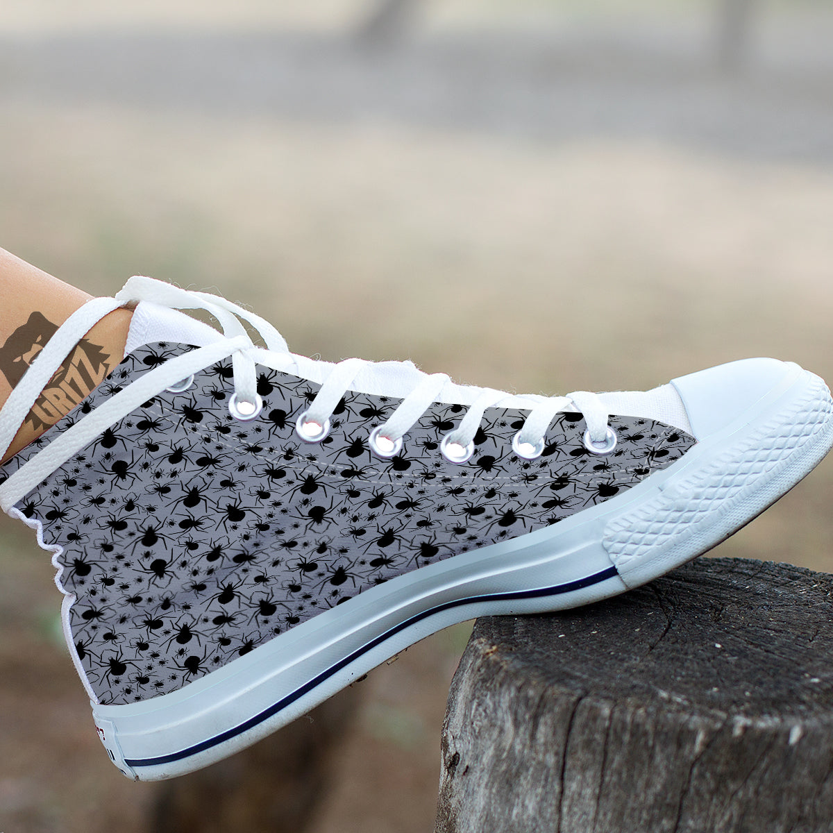 Black Spider And Grey Print Pattern White High Top Shoes-grizzshop