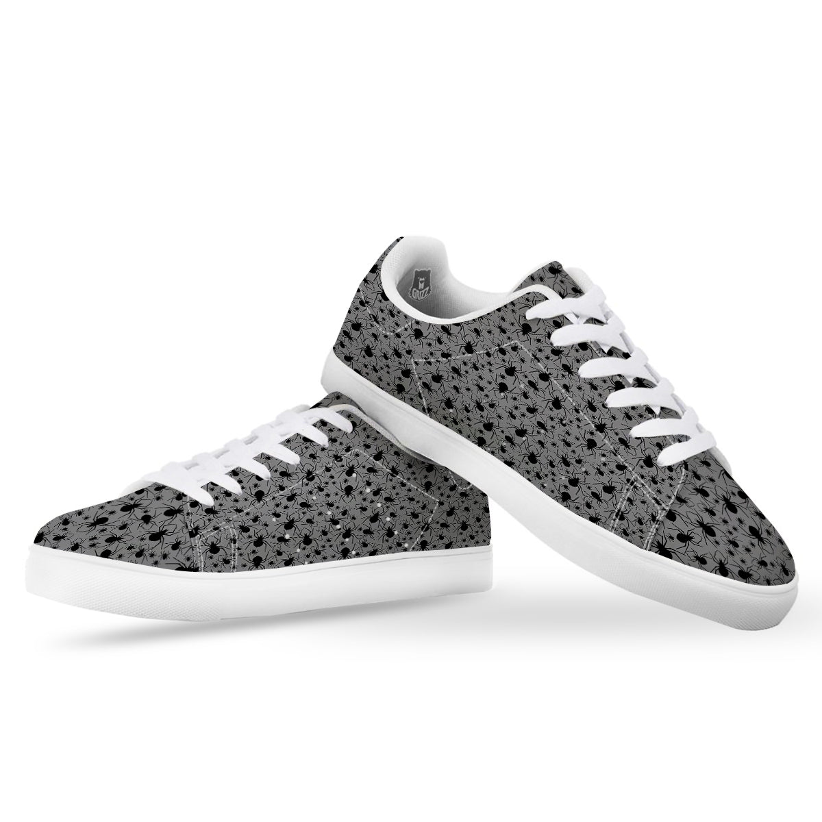 Black Spider And Grey Print Pattern White Low Top Sneakers-grizzshop