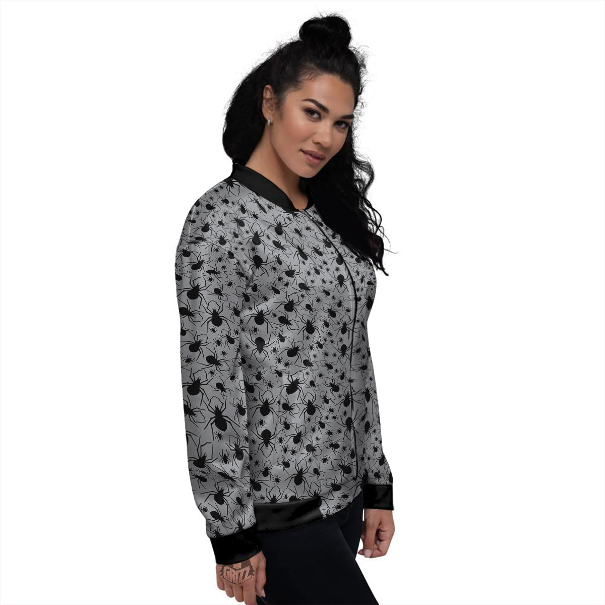 Black Spider And Grey Print Pattern Women's Bomber Jacket-grizzshop
