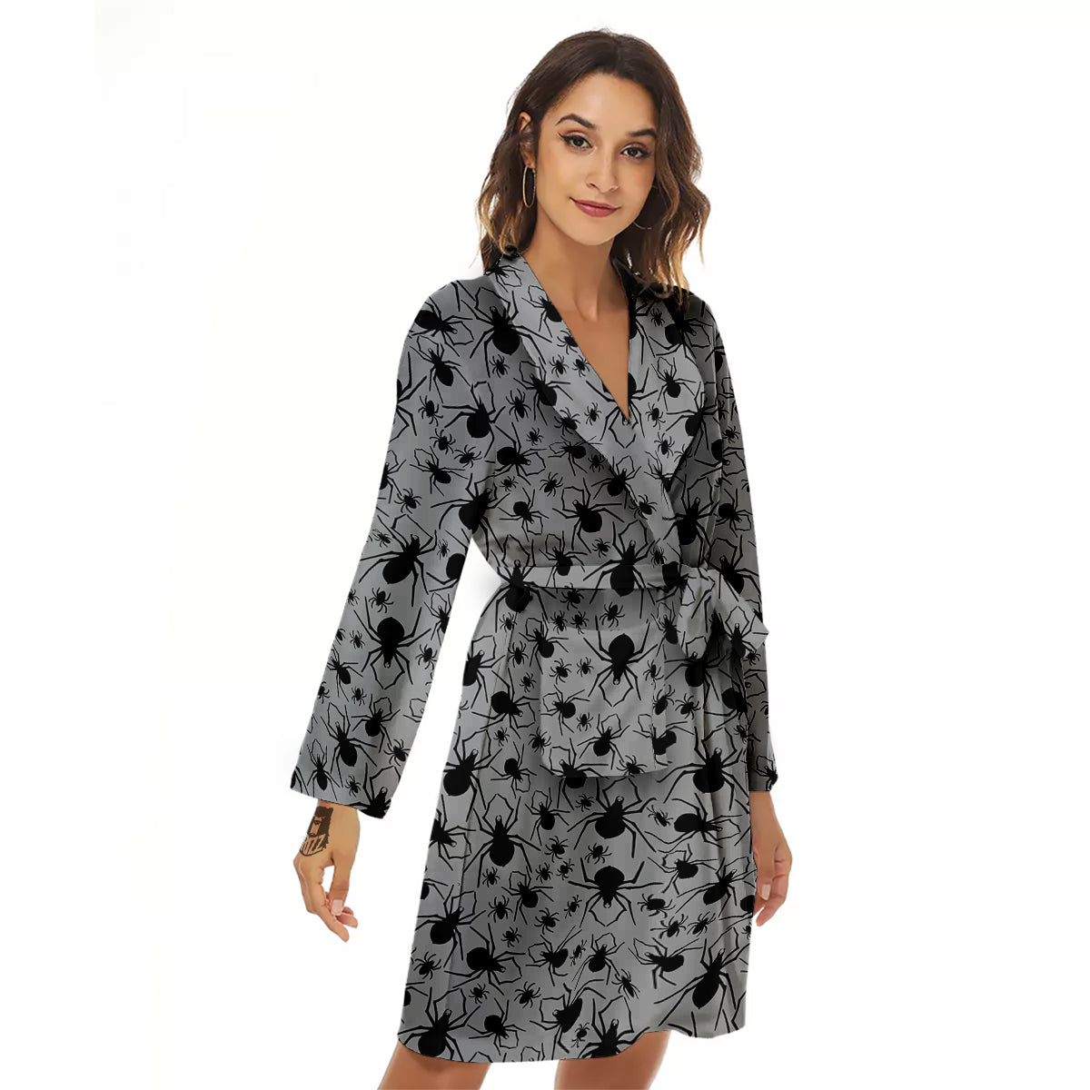 Black Spider And Grey Print Pattern Women's Robe-grizzshop