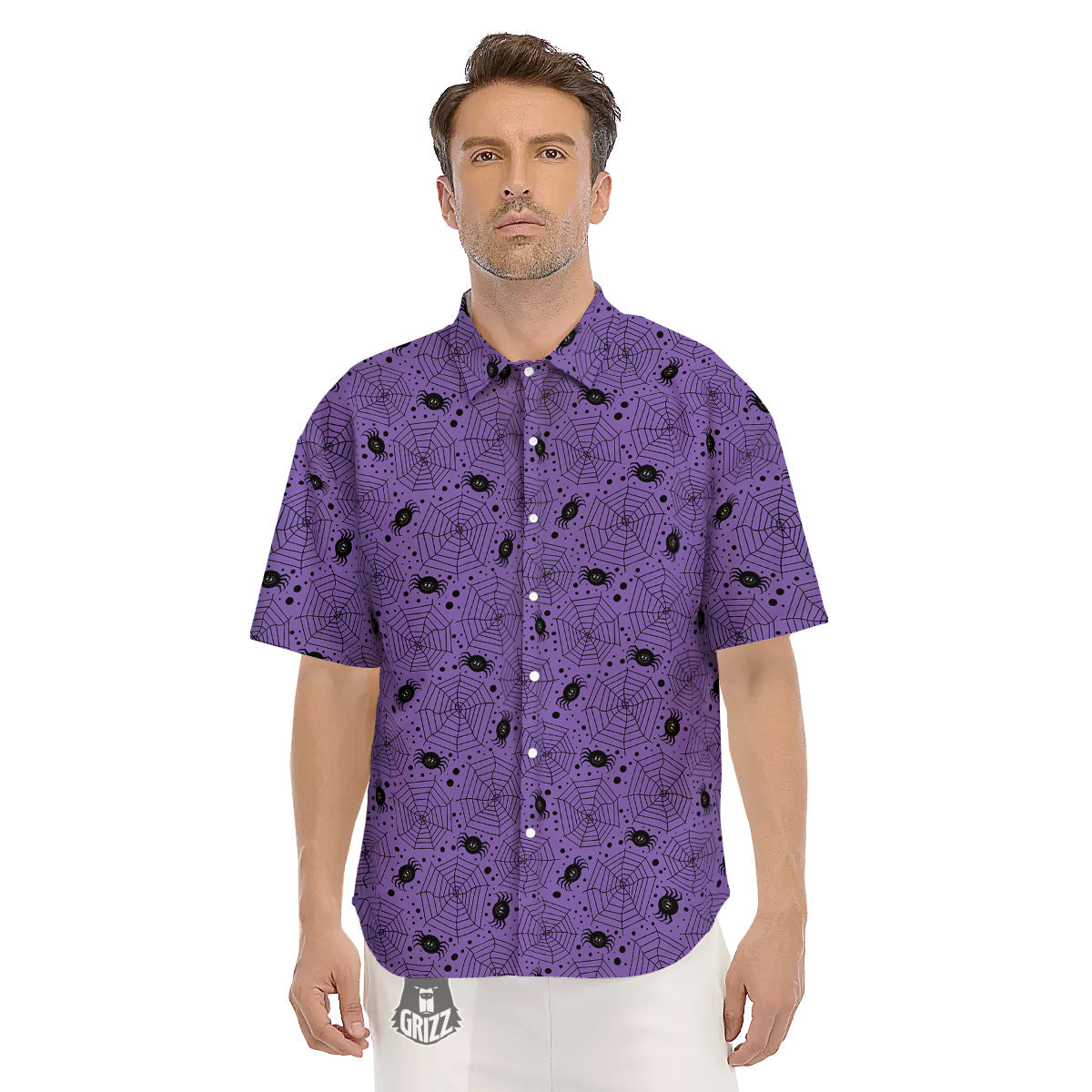 Black Spider And Purple Print Pattern Men's Short Sleeve Shirts-grizzshop