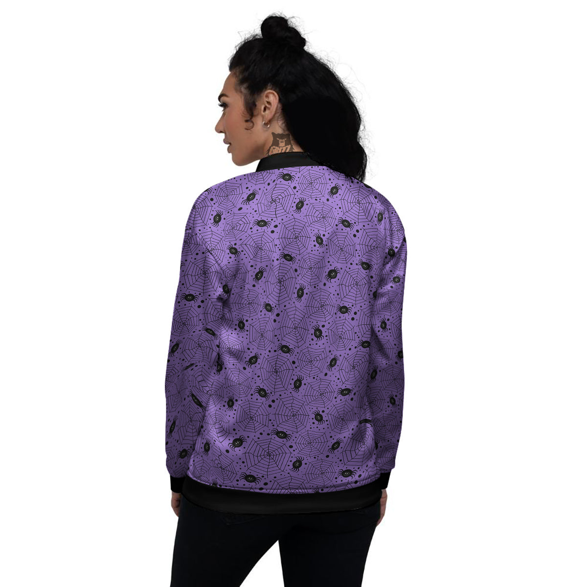 Black Spider And Purple Print Pattern Women's Bomber Jacket-grizzshop