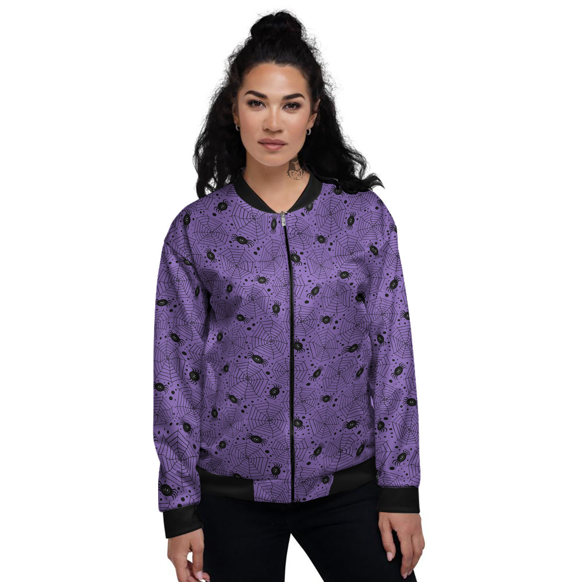 Black Spider And Purple Print Pattern Women's Bomber Jacket-grizzshop