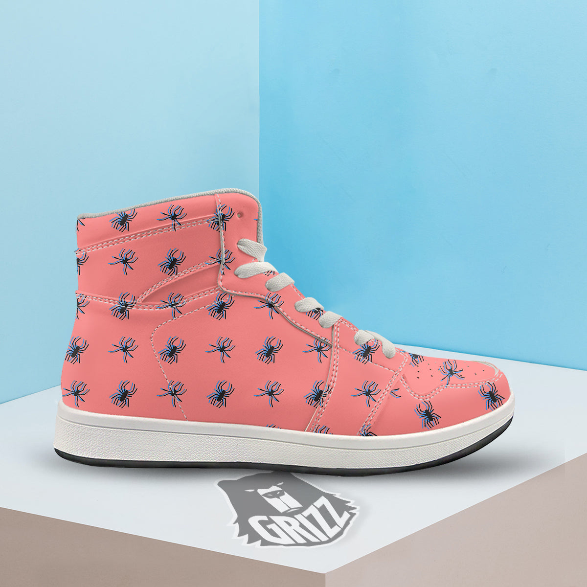Black Spider Pink Print Pattern High Top Sneakers-grizzshop