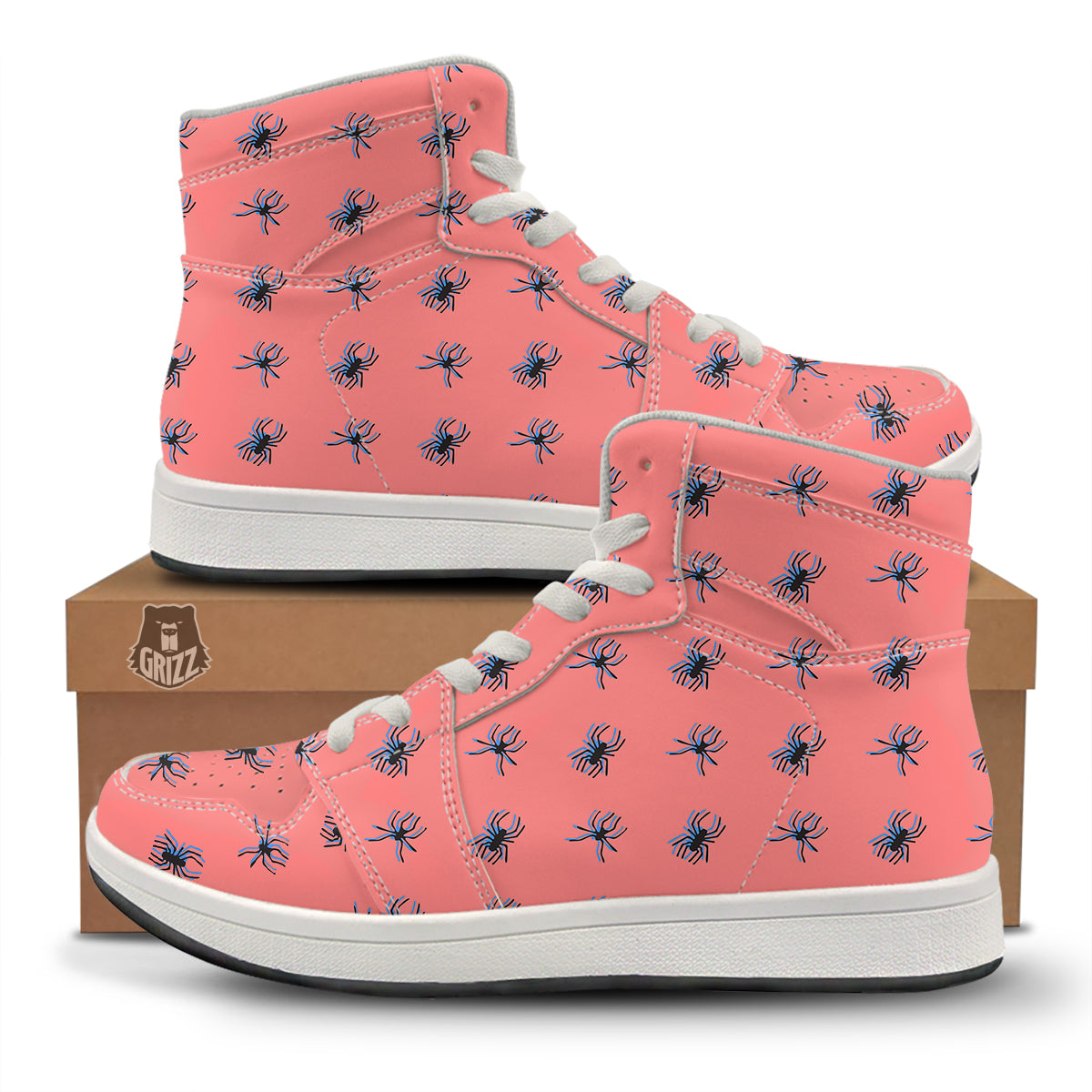 Black Spider Pink Print Pattern High Top Sneakers-grizzshop