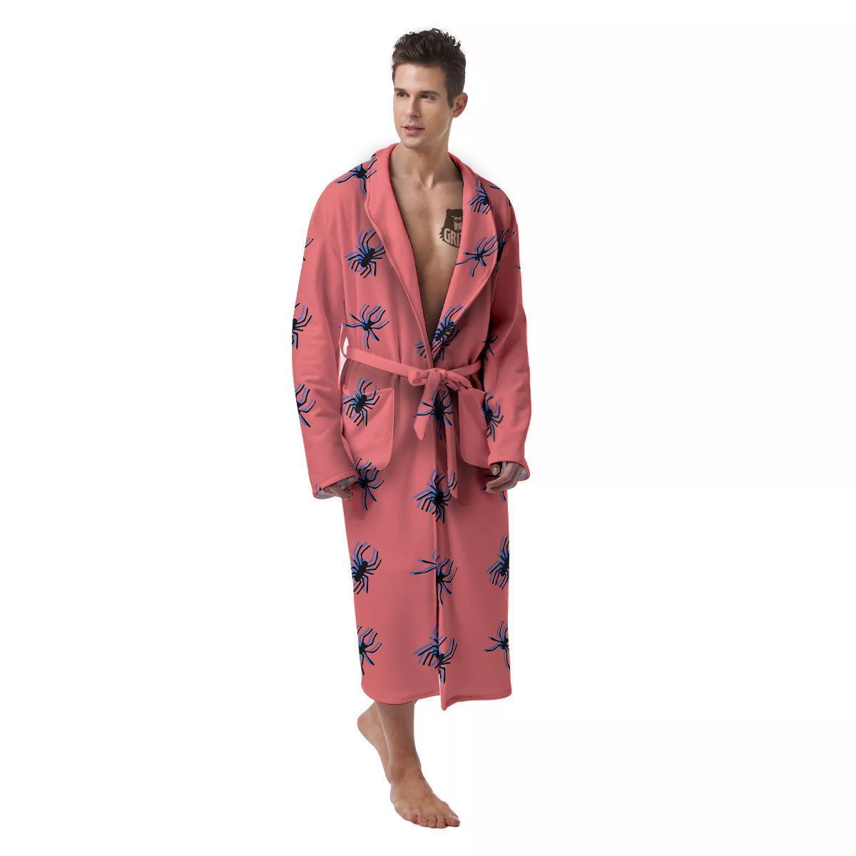 Black Spider Pink Print Pattern Men's Robe-grizzshop
