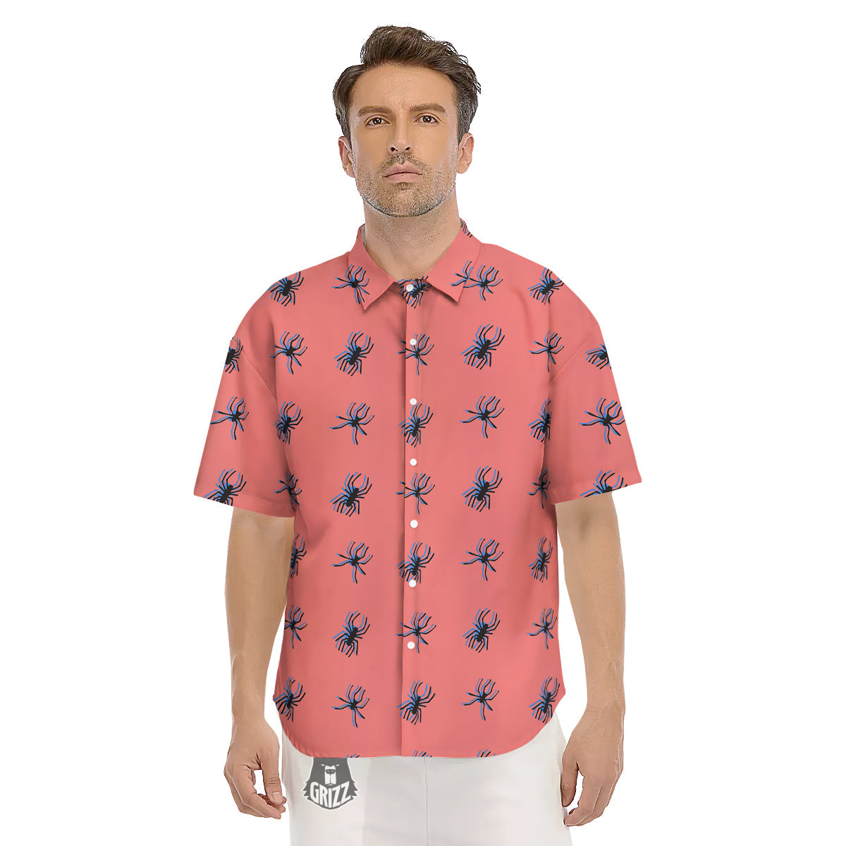 Black Spider Pink Print Pattern Men's Short Sleeve Shirts-grizzshop