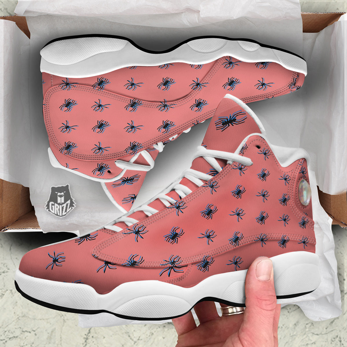 Black Spider Pink Print Pattern White Basketball Shoes-grizzshop