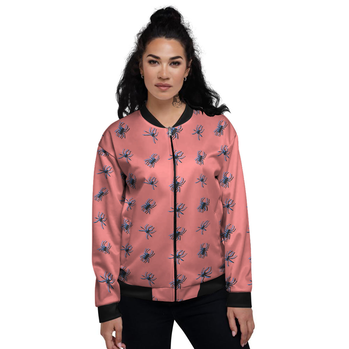 Black Spider Pink Print Pattern Women's Bomber Jacket-grizzshop