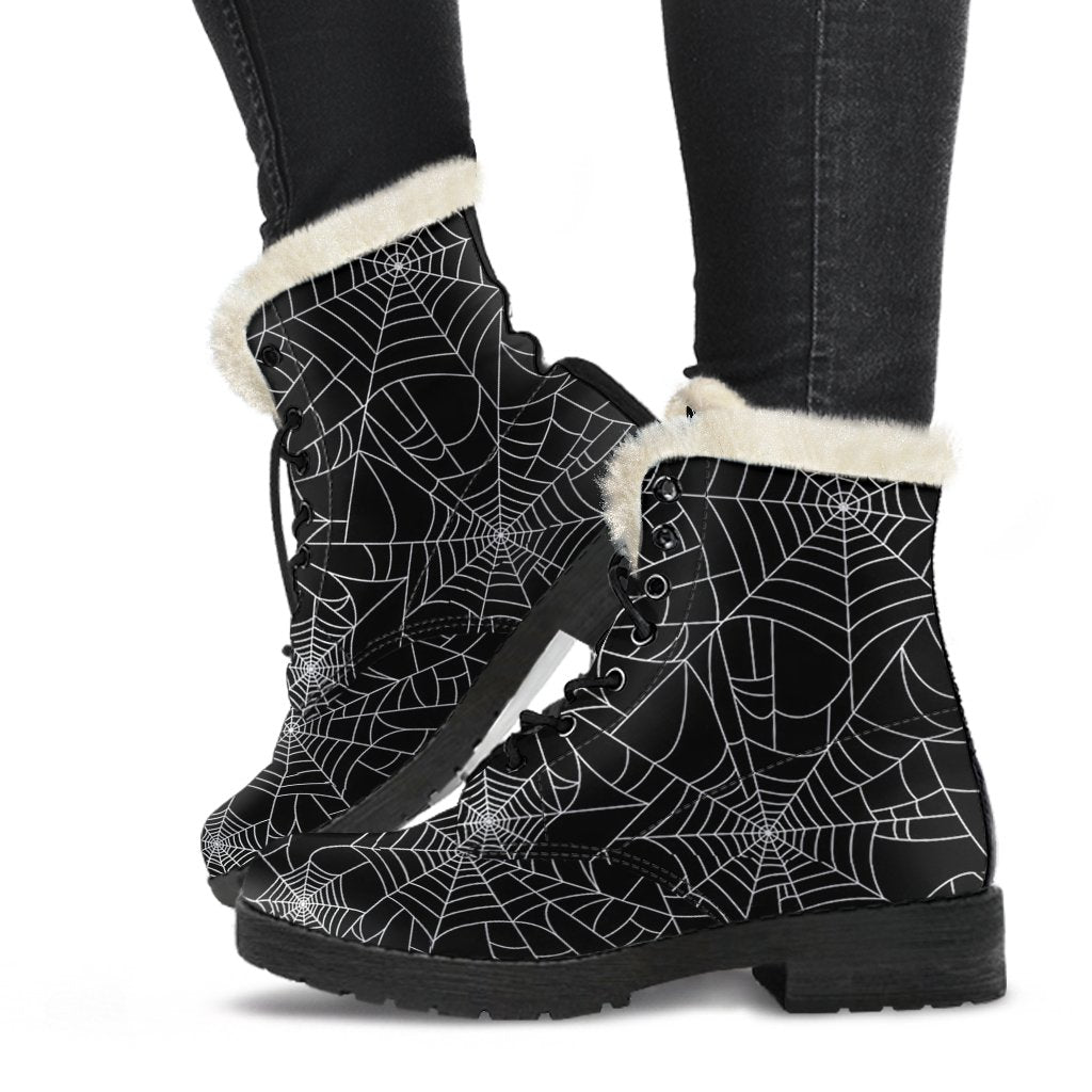 Black Spider Web Pattern Print Comfy Winter Boots-grizzshop