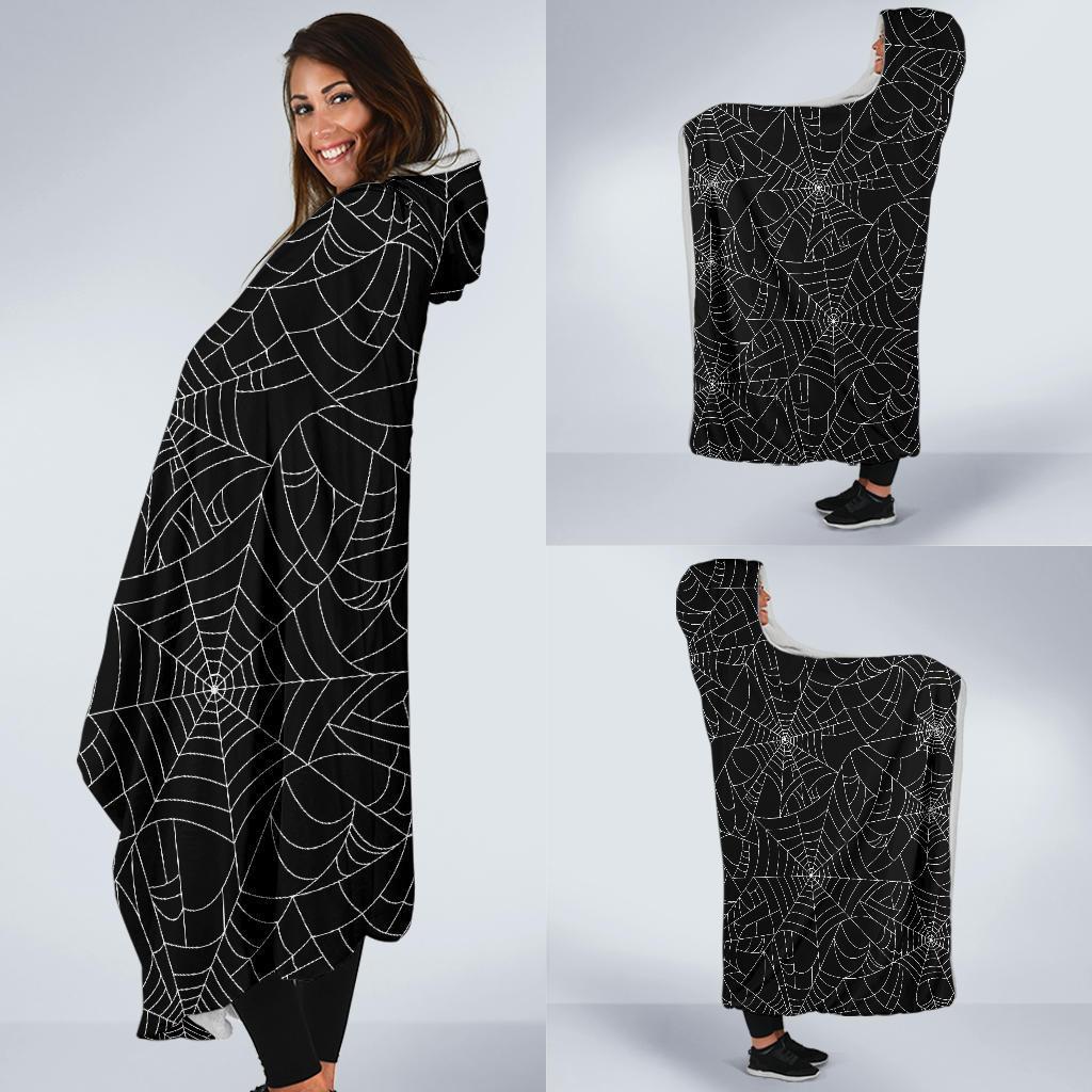 Black Spider Web Pattern Print Hooded Blanket-grizzshop