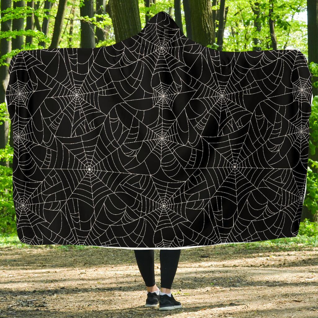 Black Spider Web Pattern Print Hooded Blanket-grizzshop