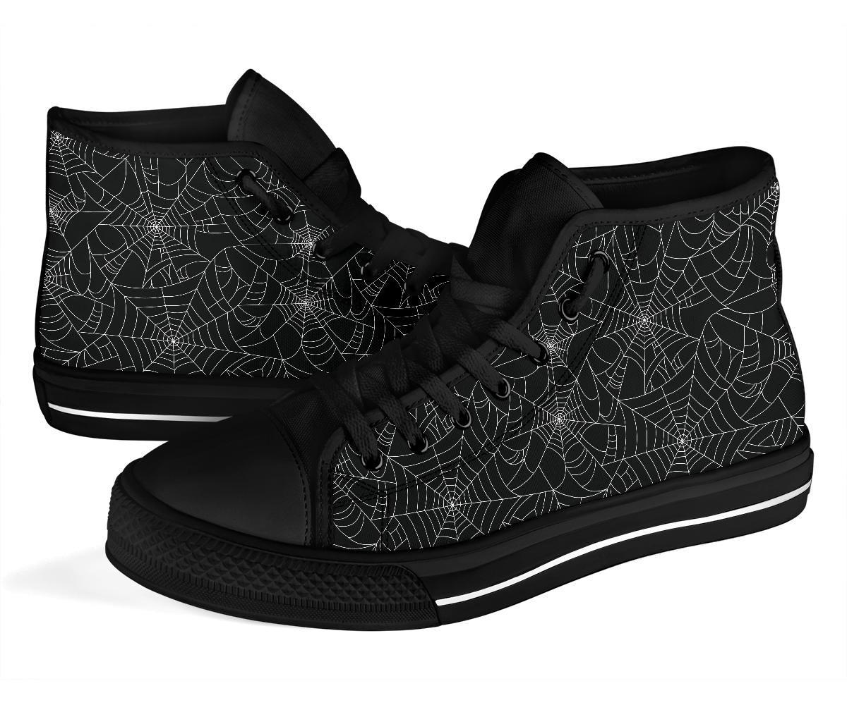 Black Spider Web Pattern Print Men Women's High Top Shoes-grizzshop