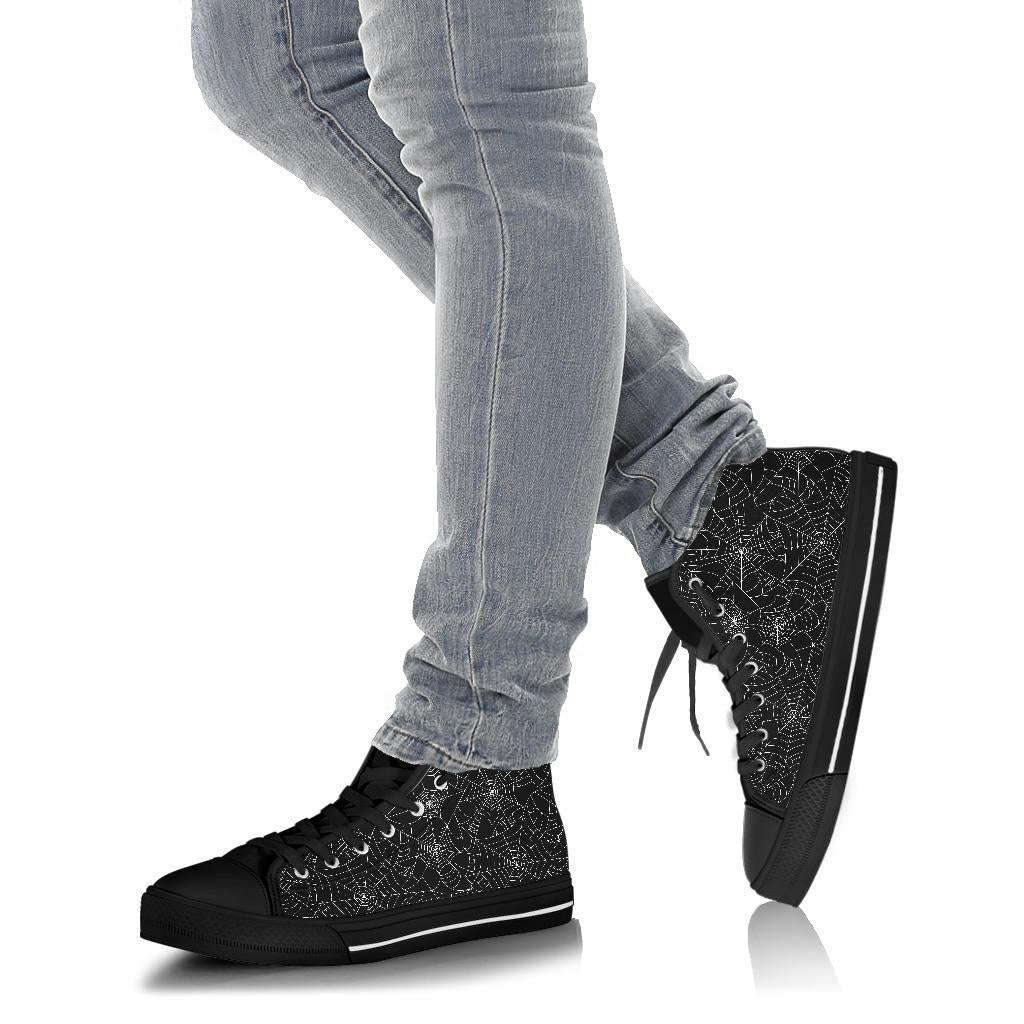 Black Spider Web Pattern Print Men Women's High Top Shoes-grizzshop