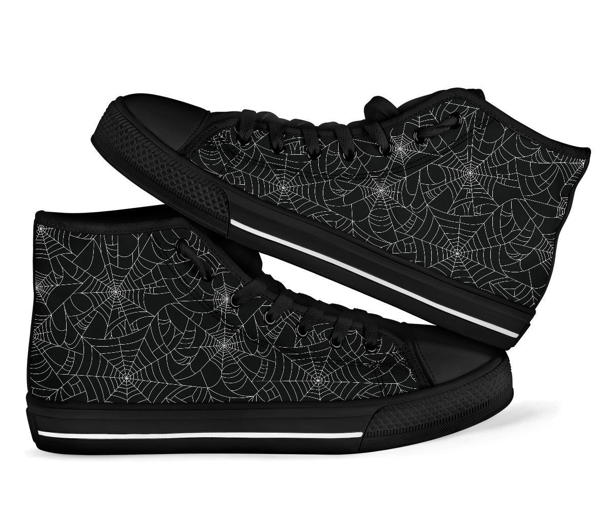 Black Spider Web Pattern Print Men Women's High Top Shoes-grizzshop