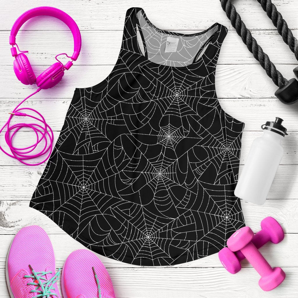 Black Spider Web Pattern Print Women's Racerback Tank Tops-grizzshop