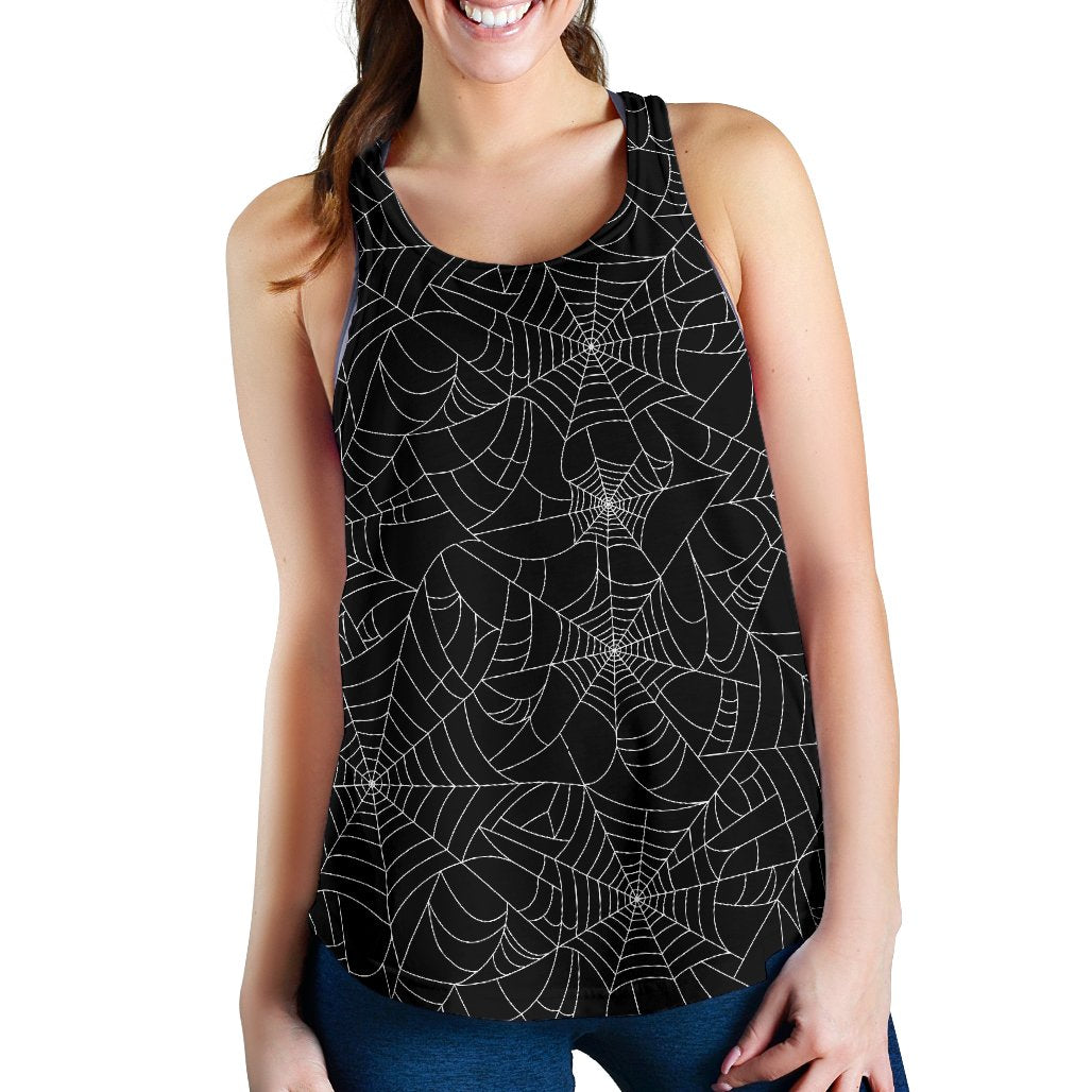 Black Spider Web Pattern Print Women's Racerback Tank Tops-grizzshop