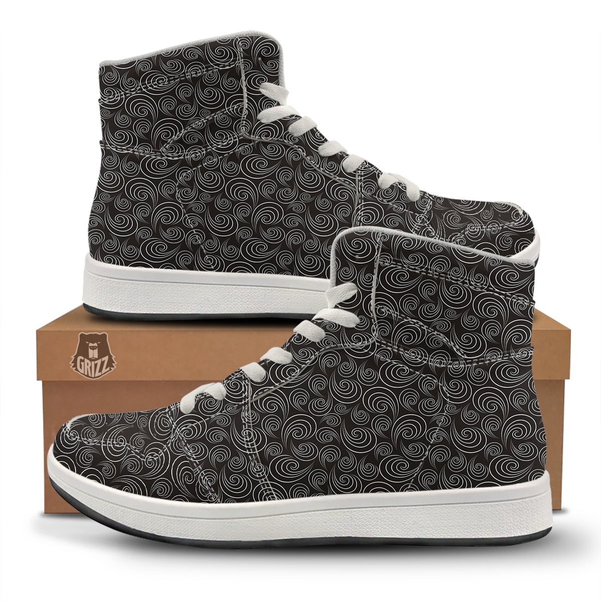 Black Spiral Wave Print Pattern High Top Sneakers-grizzshop
