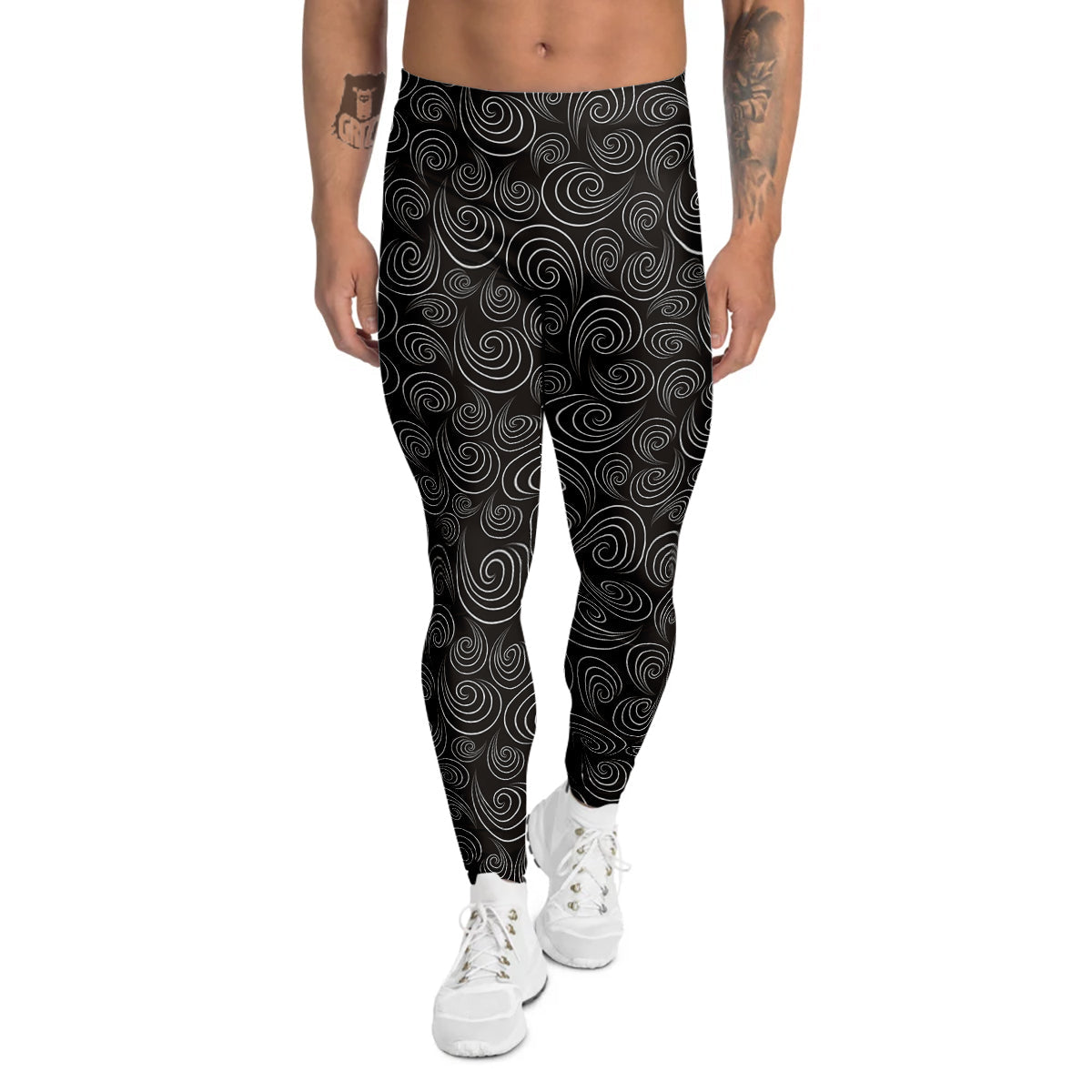 Black Spiral Wave Print Pattern Men's Leggings-grizzshop