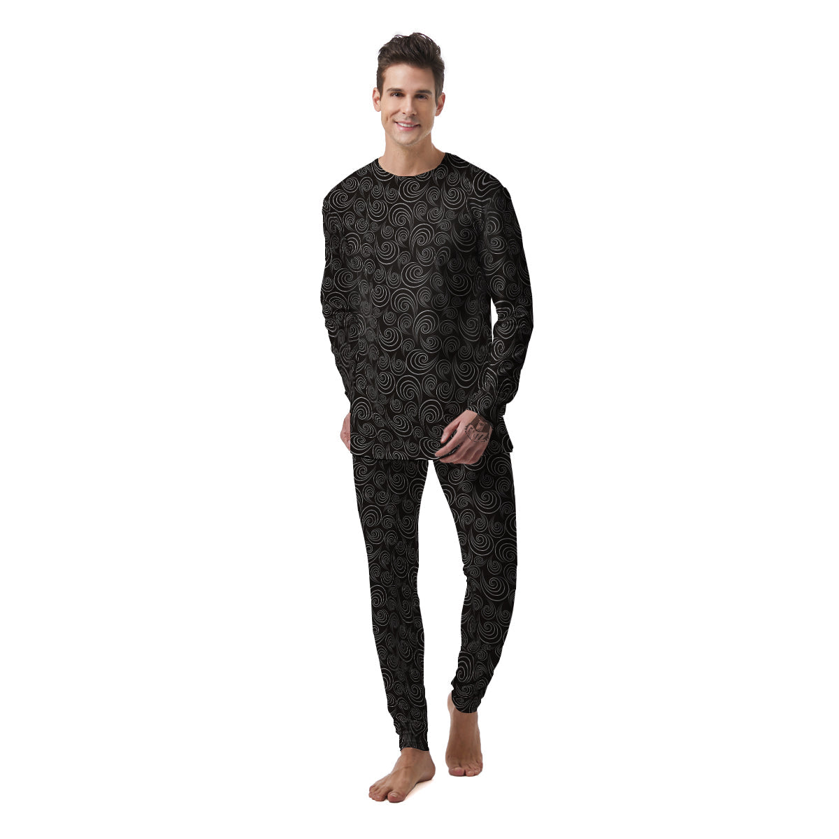 Black Spiral Wave Print Pattern Men's Pajamas-grizzshop