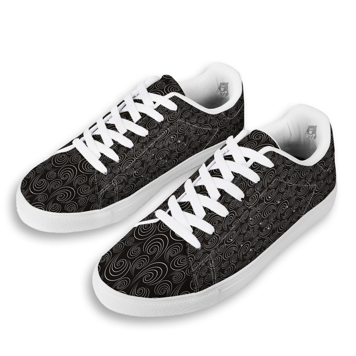 Black Spiral Wave Print Pattern White Low Top Sneakers-grizzshop