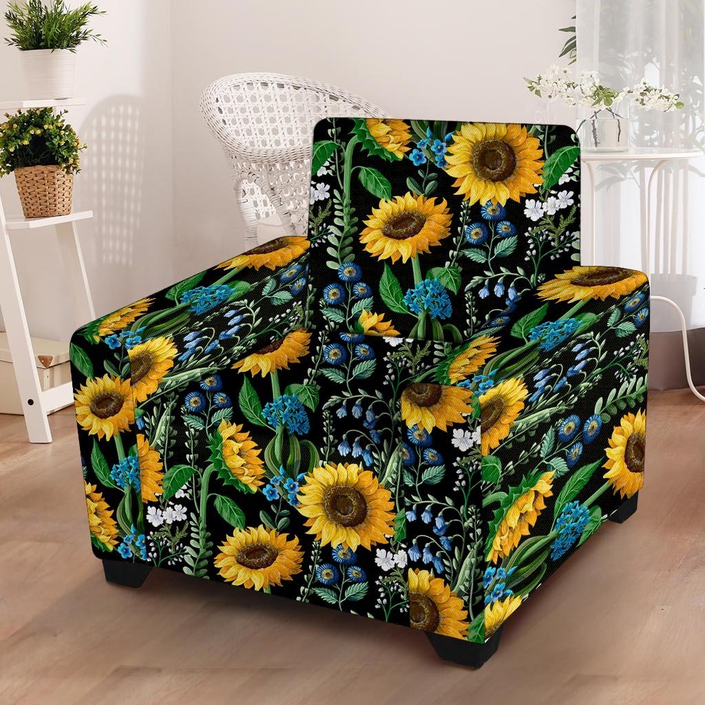 Black Sunflower Floral Armchair Cover-grizzshop